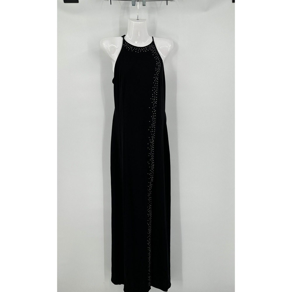 Charlotte Russe Women Halter Gown Sz L Black Beaded Vintage 90s Column Goth Glam
